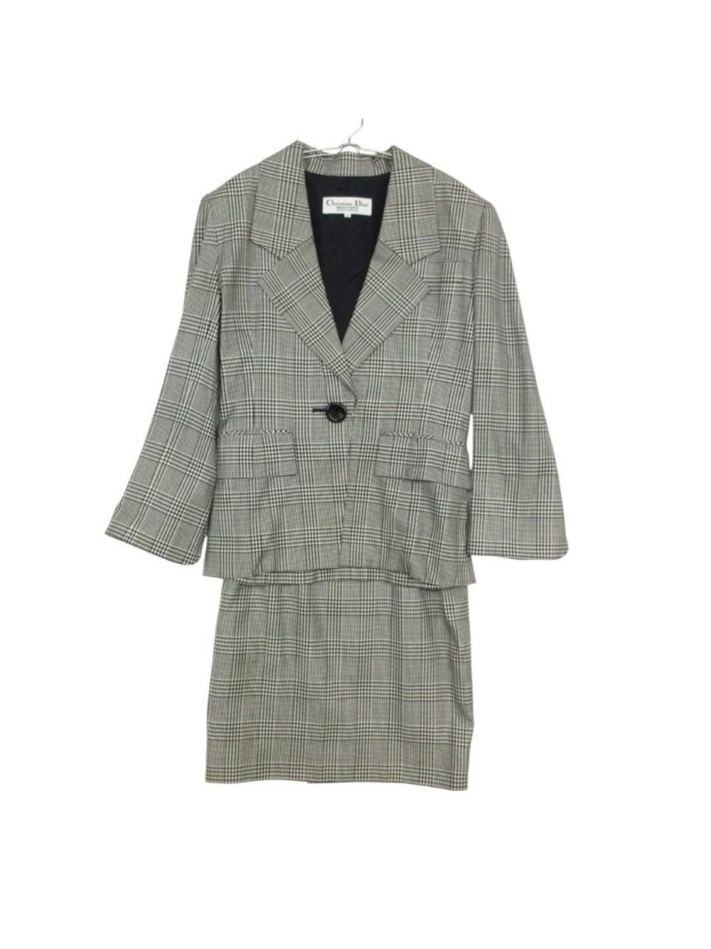 Dior Set Silk Blend Wool Skirt Suit Tailored Jacket Blazer Glen Plaid Slit White